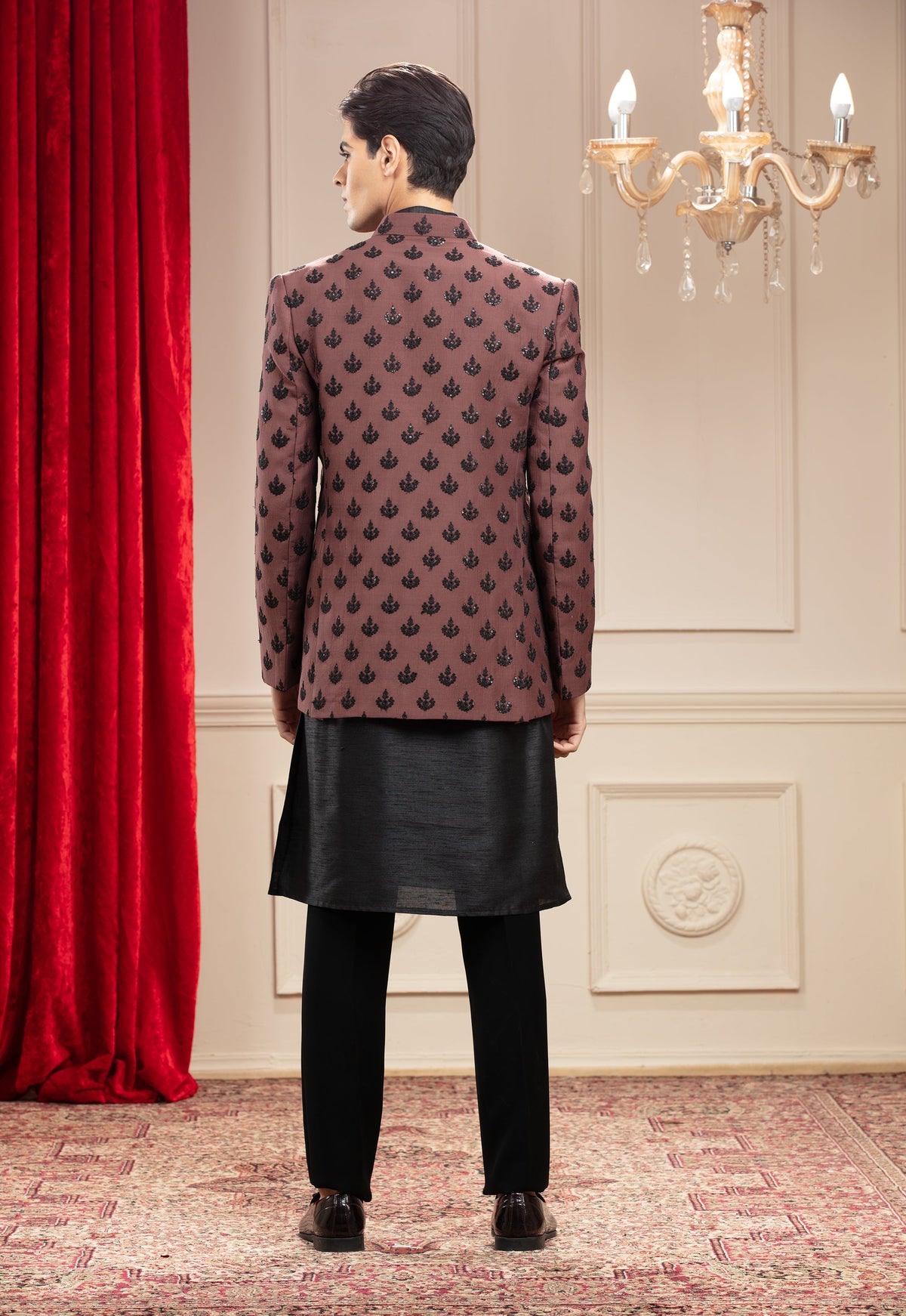 Rust and Black Silk Open Indo-Western Set with Sequin Work