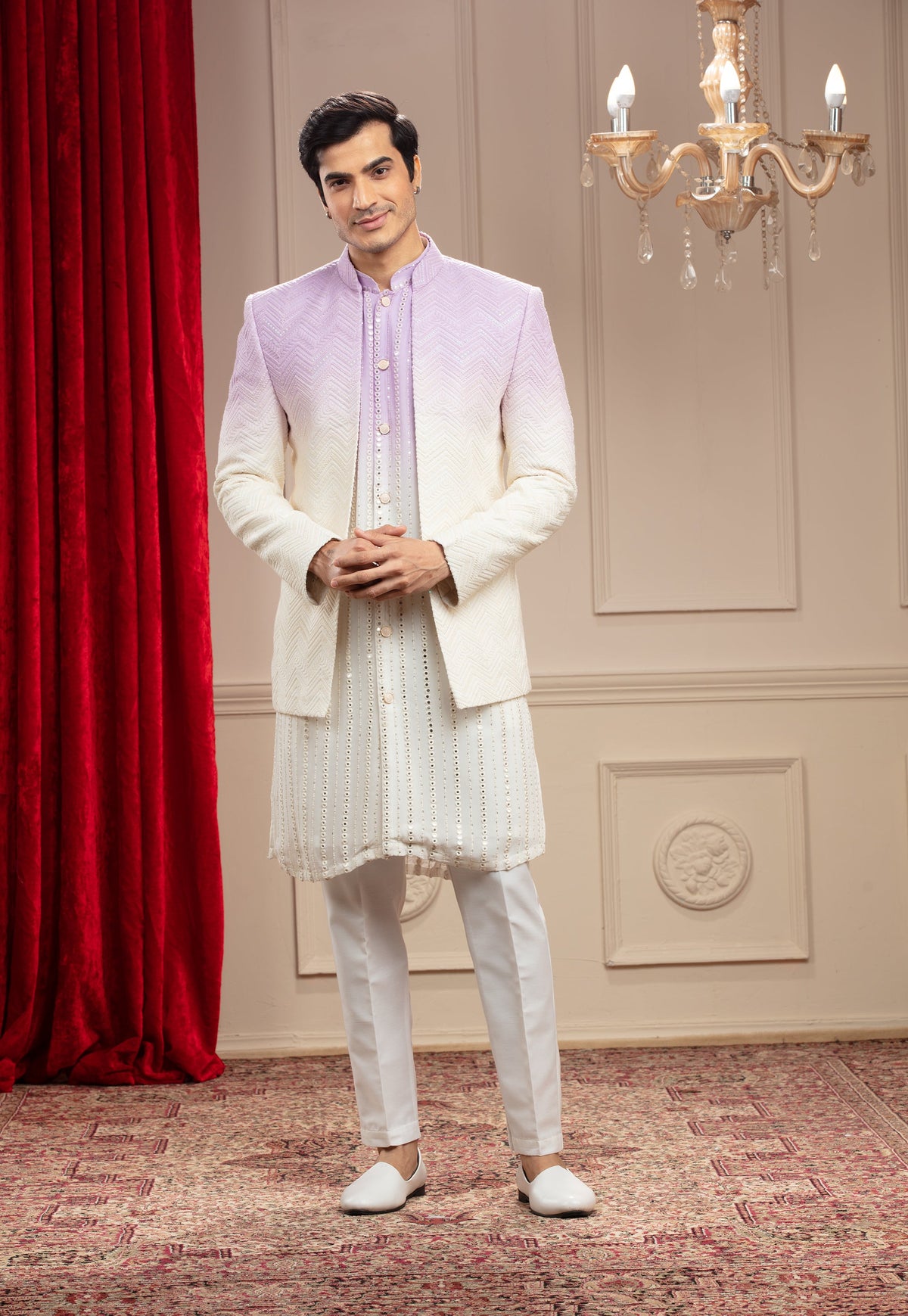 Lilac Ombre Open Indo Western With Sequins And Resham Thread Work