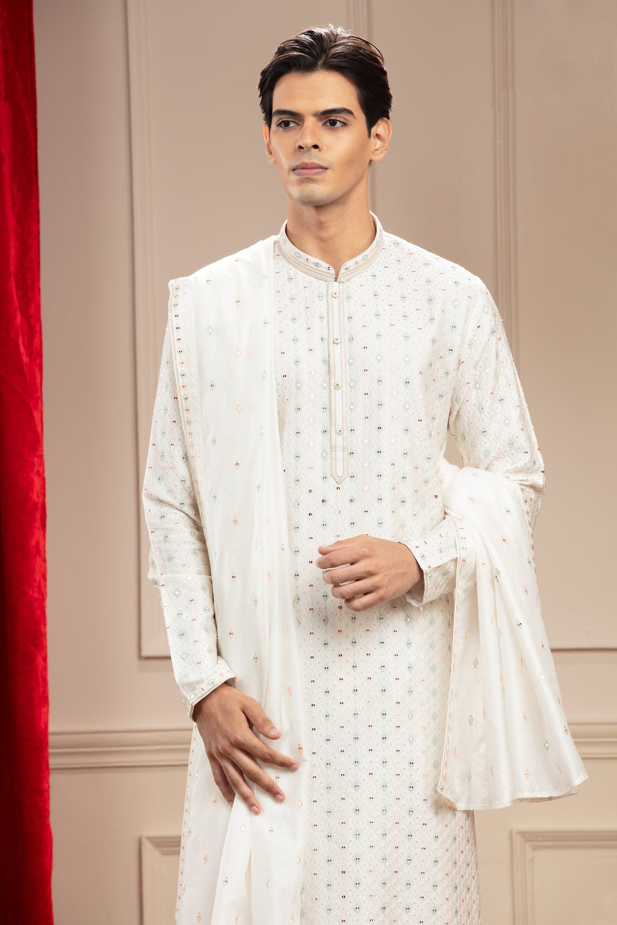 Milky White Banarasi Silk Kurta Set With Dupatta
