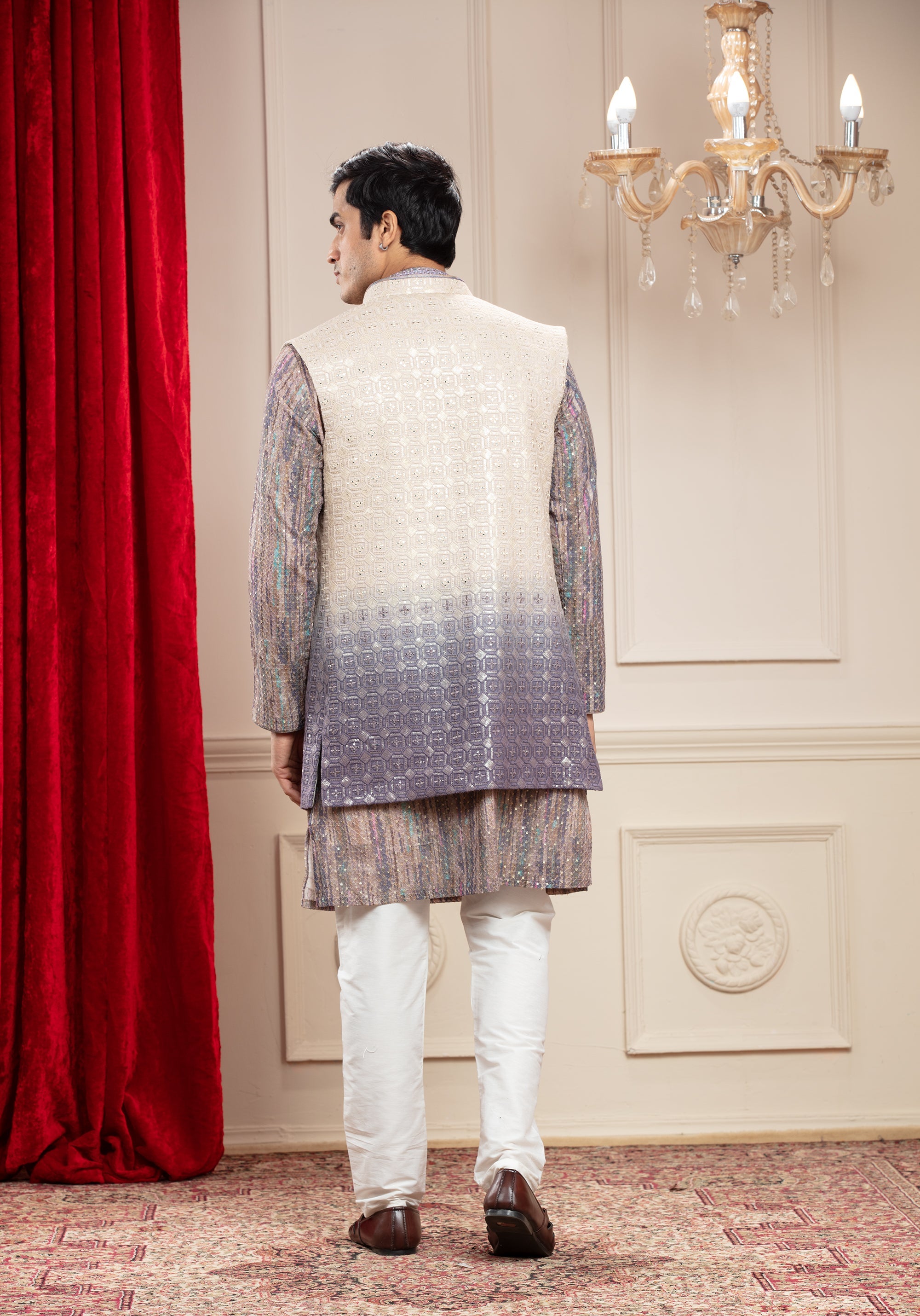 Dove Grey Tie Die Printed Lucknowi Open Jacket Set