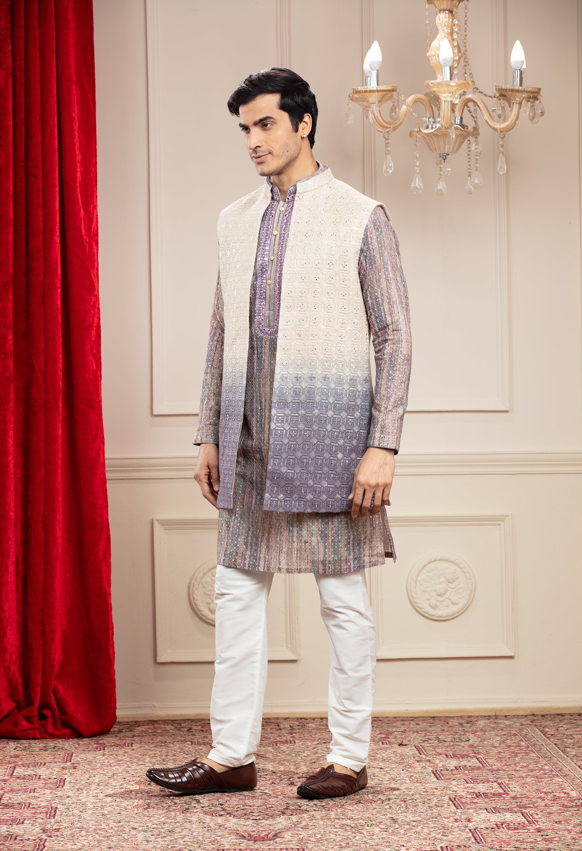 Dove Grey Tie Die Printed Lucknowi Open Jacket Set