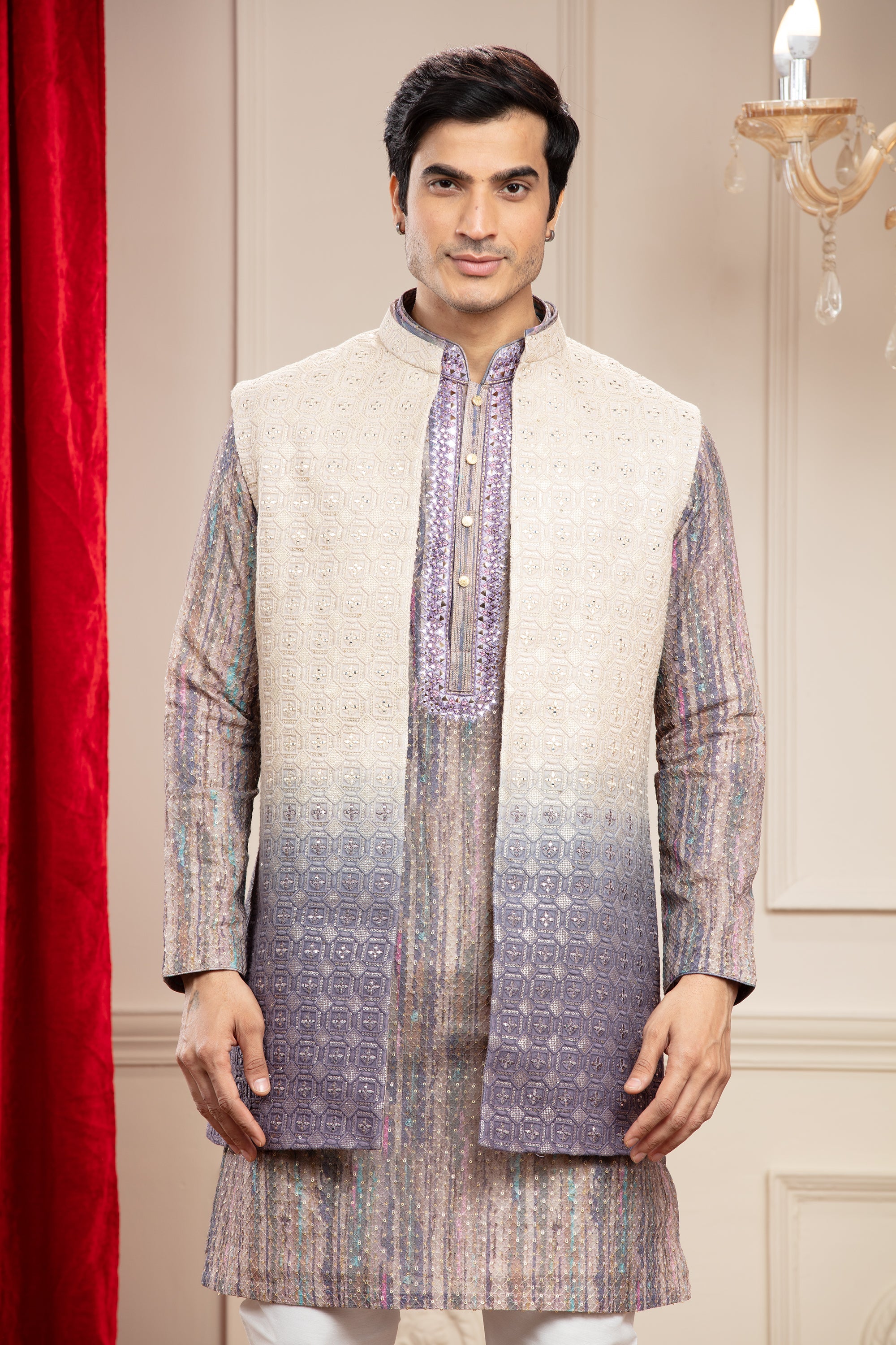 Dove Grey Tie Die Printed Lucknowi Open Jacket Set