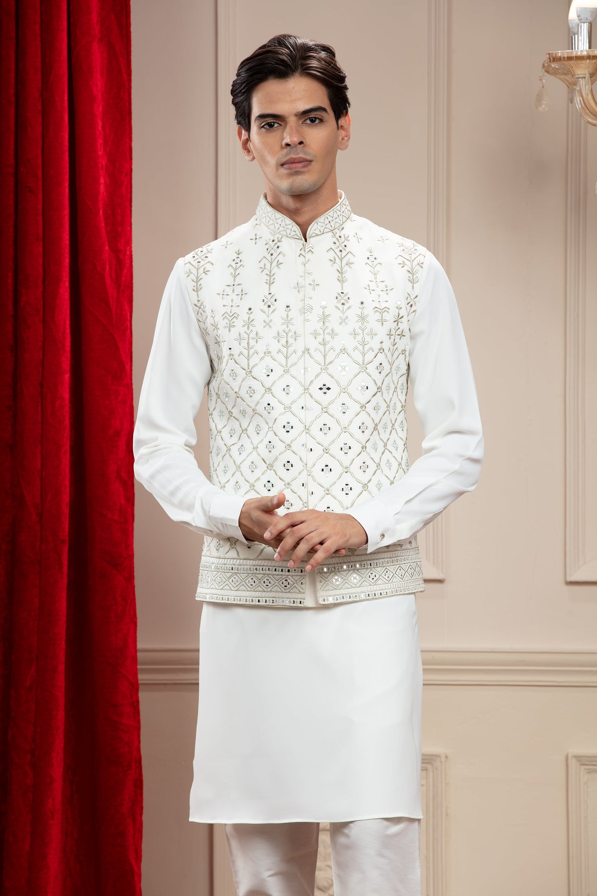Porcelain White Jacket Kurta Set With Mirror Work