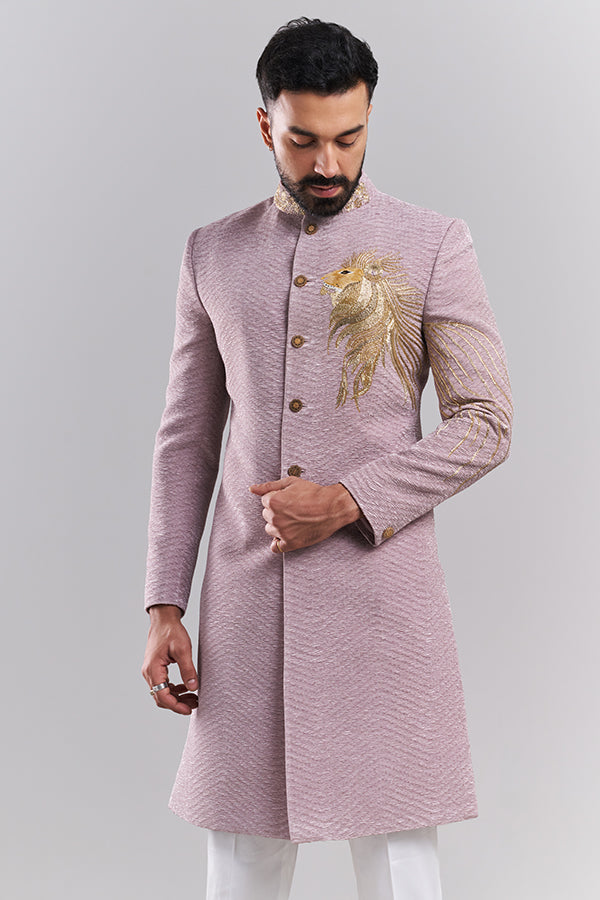 Lavender Satin Organza Lion Motif Men's Sherwani Set