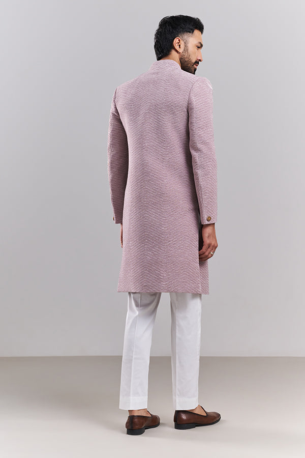 Lavender Satin Organza Lion Motif Men's Sherwani Set