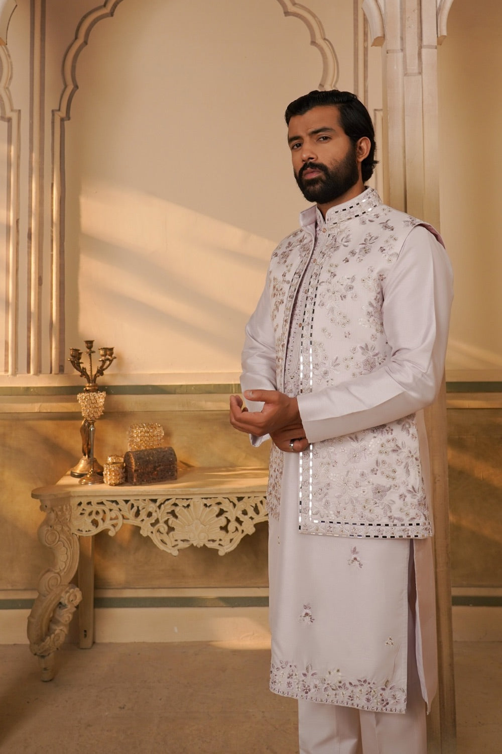 White Silk Mirror Embroidered Koti Kurta Set