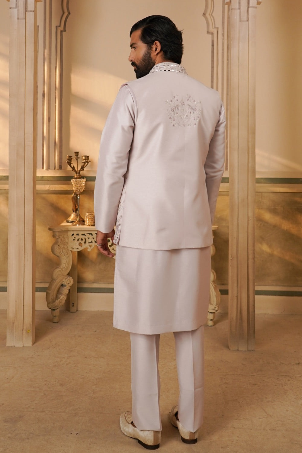 White Silk Mirror Embroidered Koti Kurta Set
