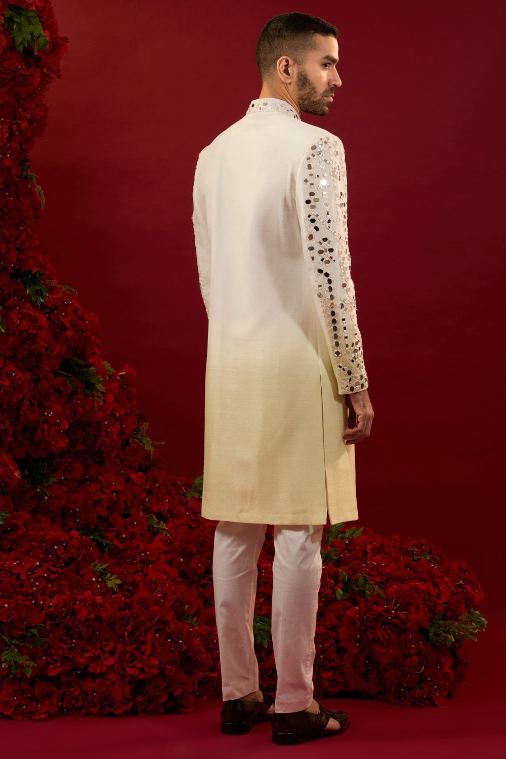 Yellow Ombre Silk Open Koti Set With Hand And Machine Work