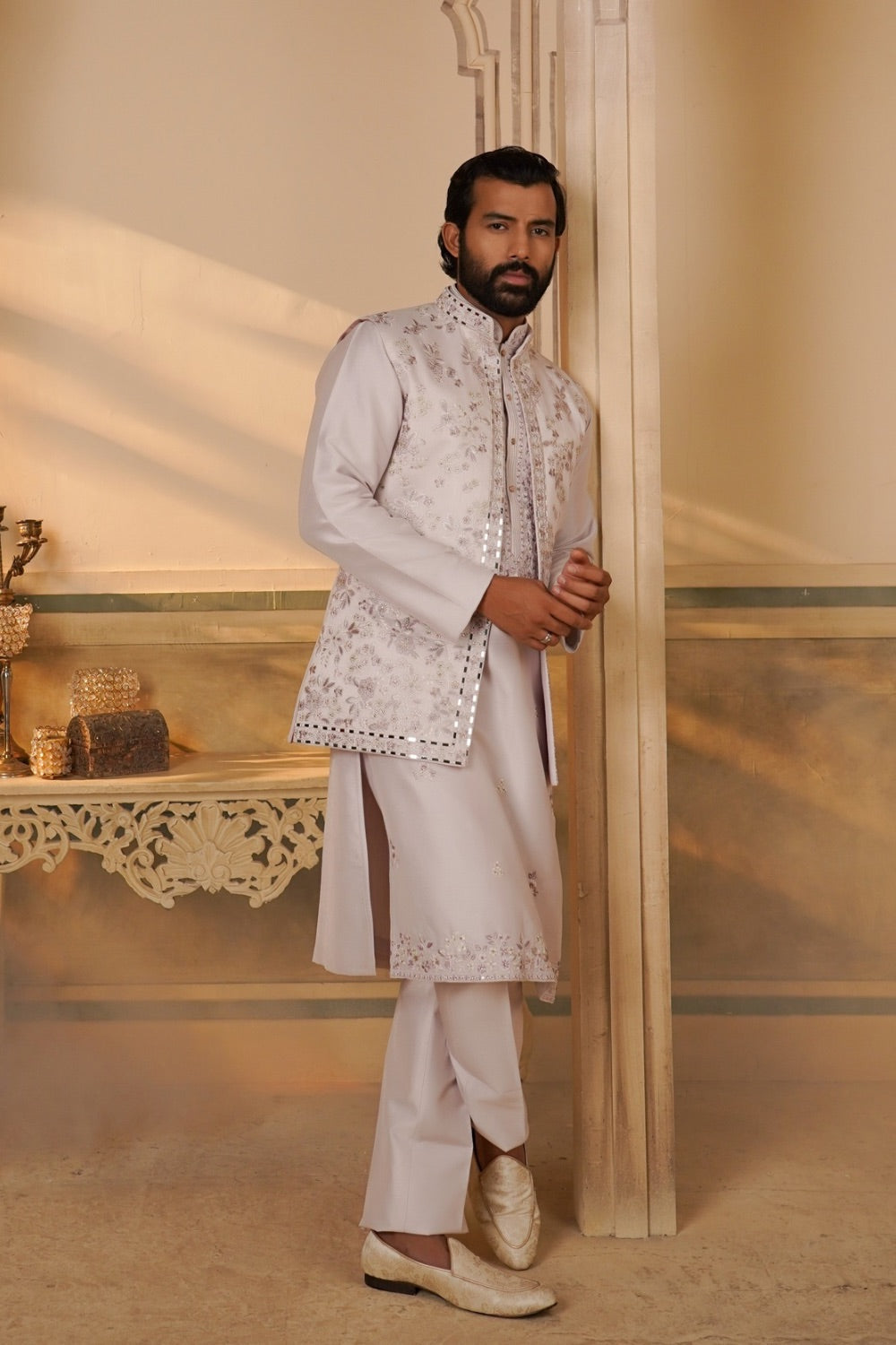 White Silk Mirror Embroidered Koti Kurta Set