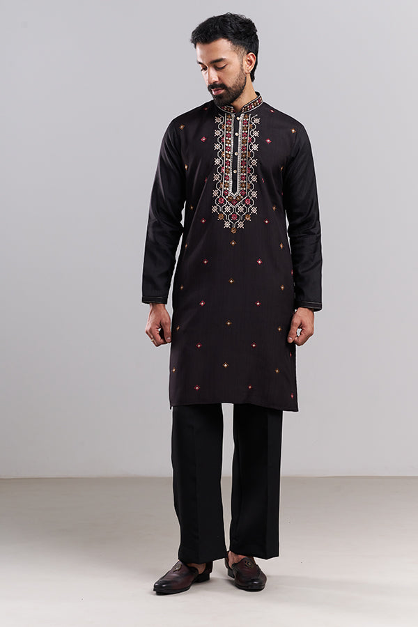 Black Cotton Men's Kurta Set With Embroidered Bundi