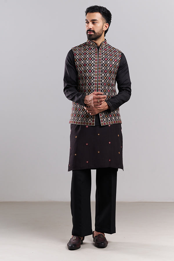 Black Cotton Men's Kurta Set With Embroidered Bundi