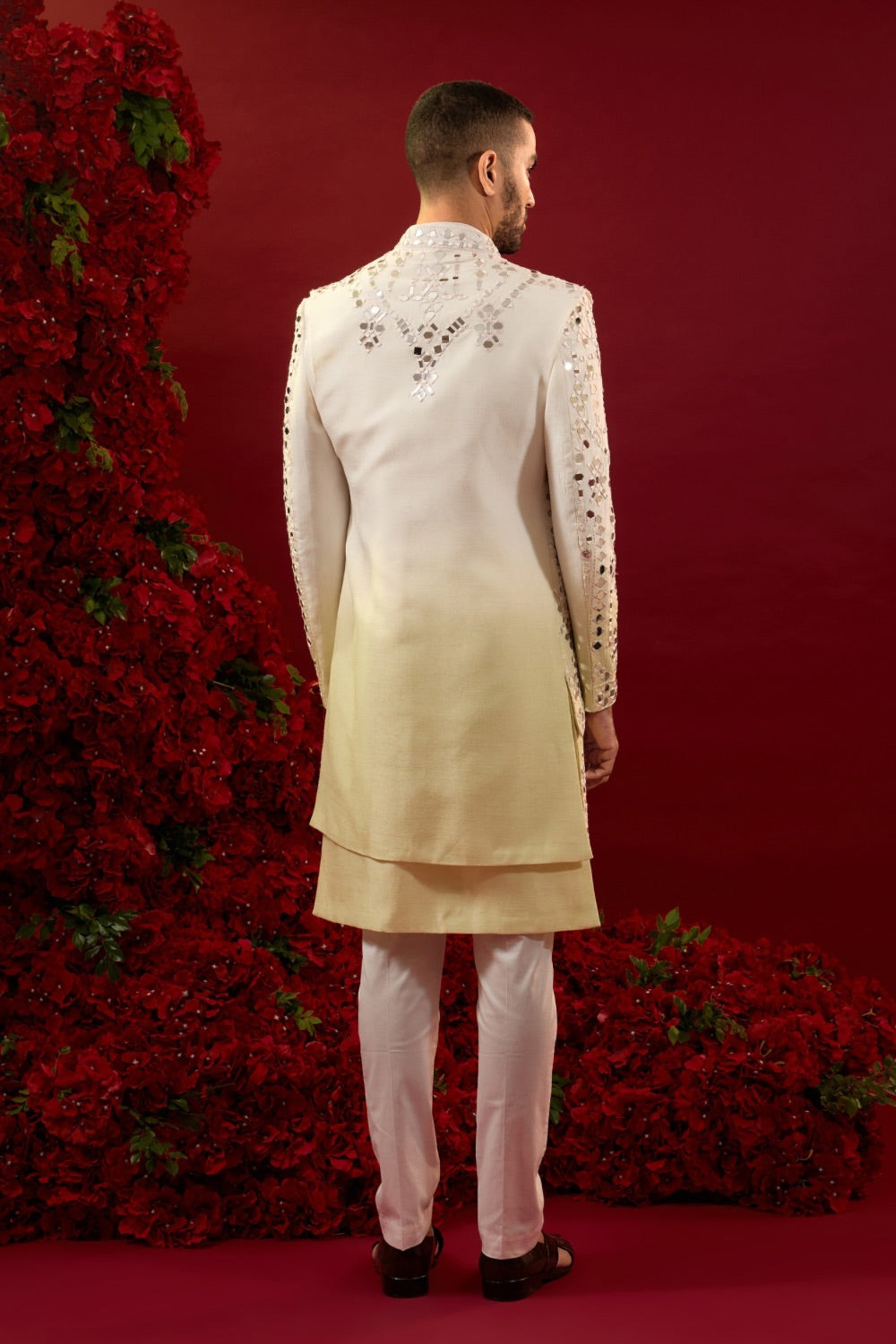 Yellow Ombre Silk Open Koti Set With Hand And Machine Work
