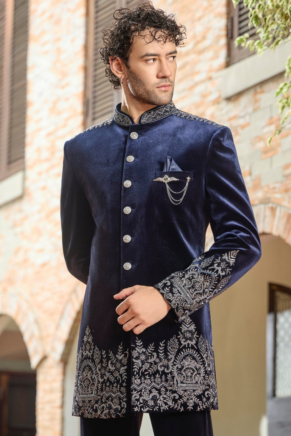 Blue Velvet Indo-Western Set with Cutdana Work