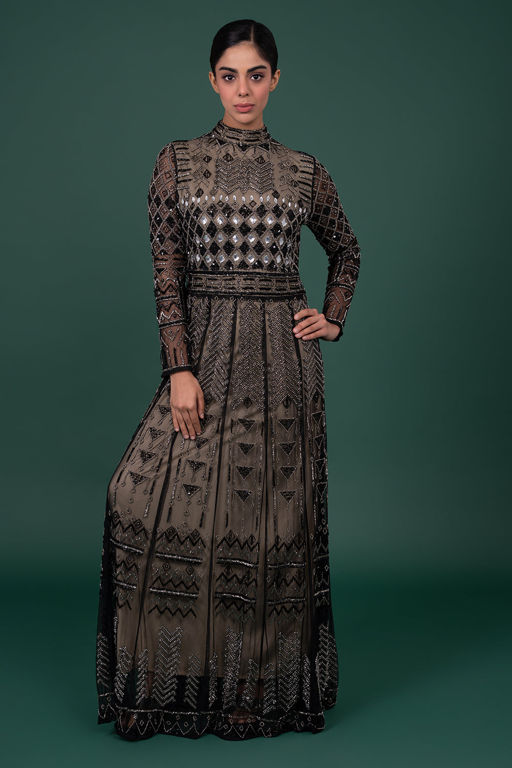 Black Geometric Sequined Tulle Full Sleeve Gown With Mirror Work Accents