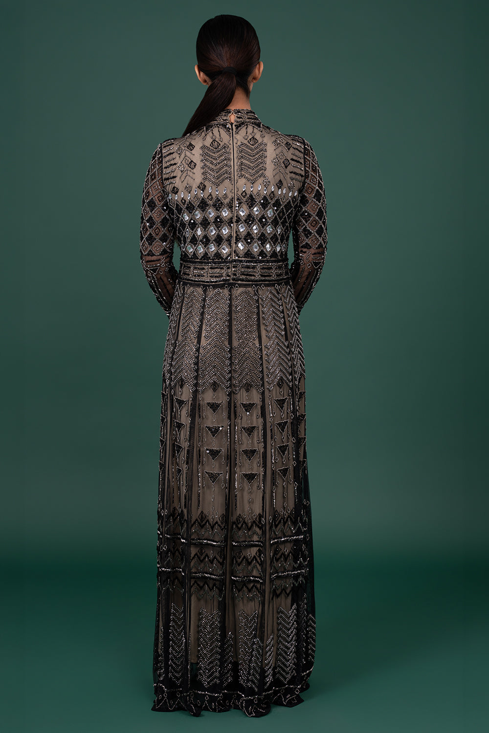 Black Geometric Sequined Tulle Full Sleeve Gown With Mirror Work Accents