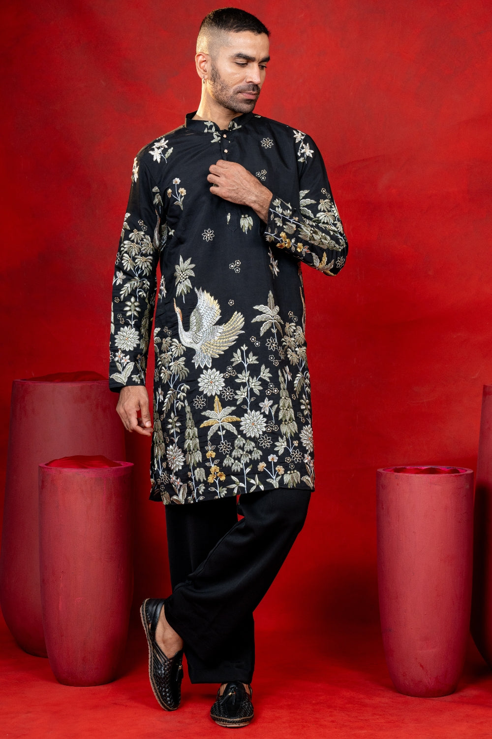 Black Silk Embroidered Kurta Set
