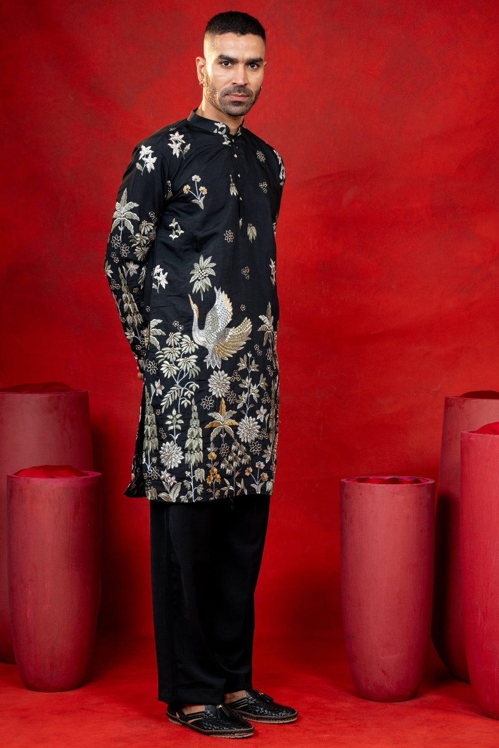 Black Silk Embroidered Kurta Set