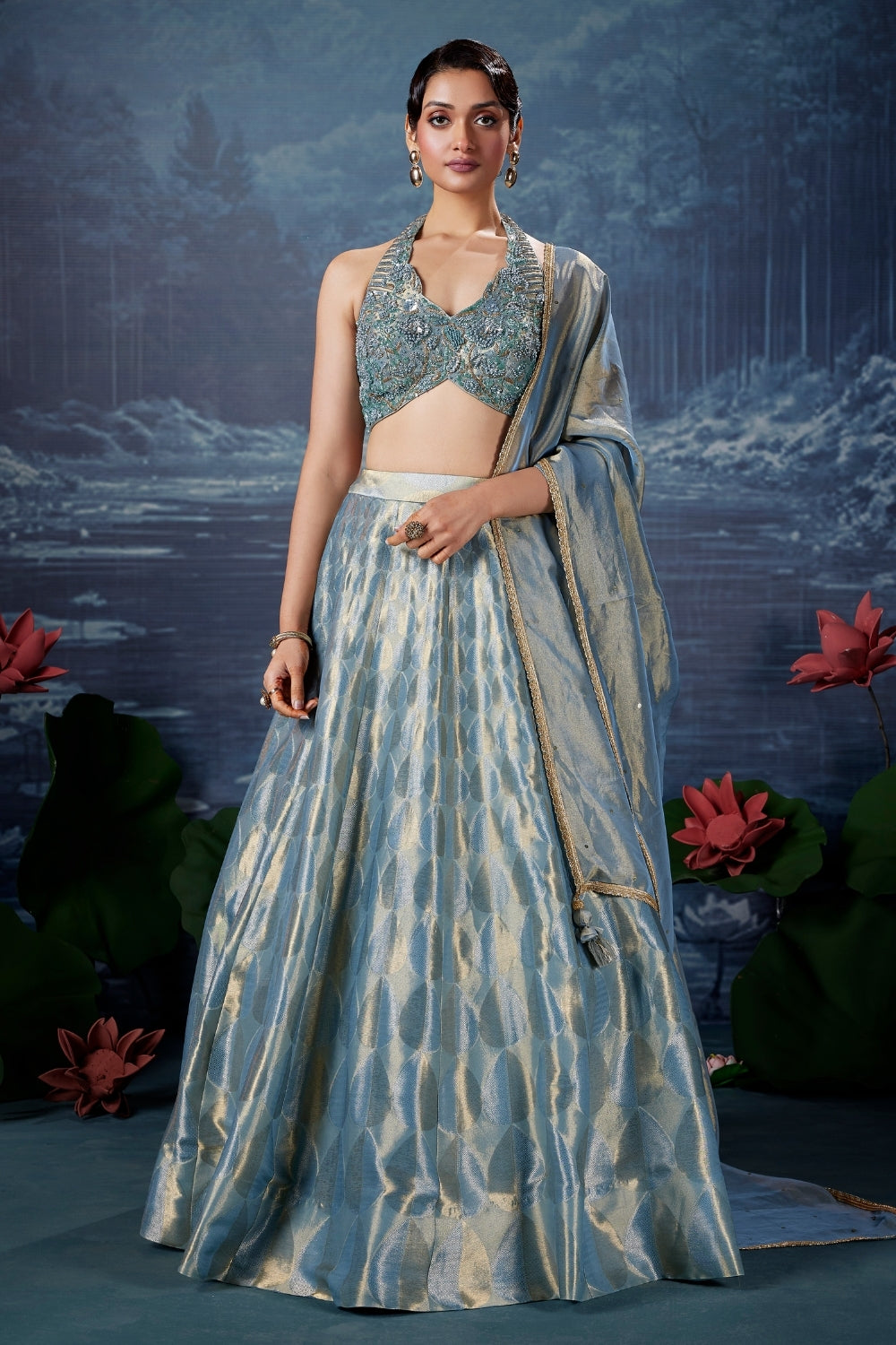 Blue Banarasi Silk Lehenga Set with Zardosi and Beads Work