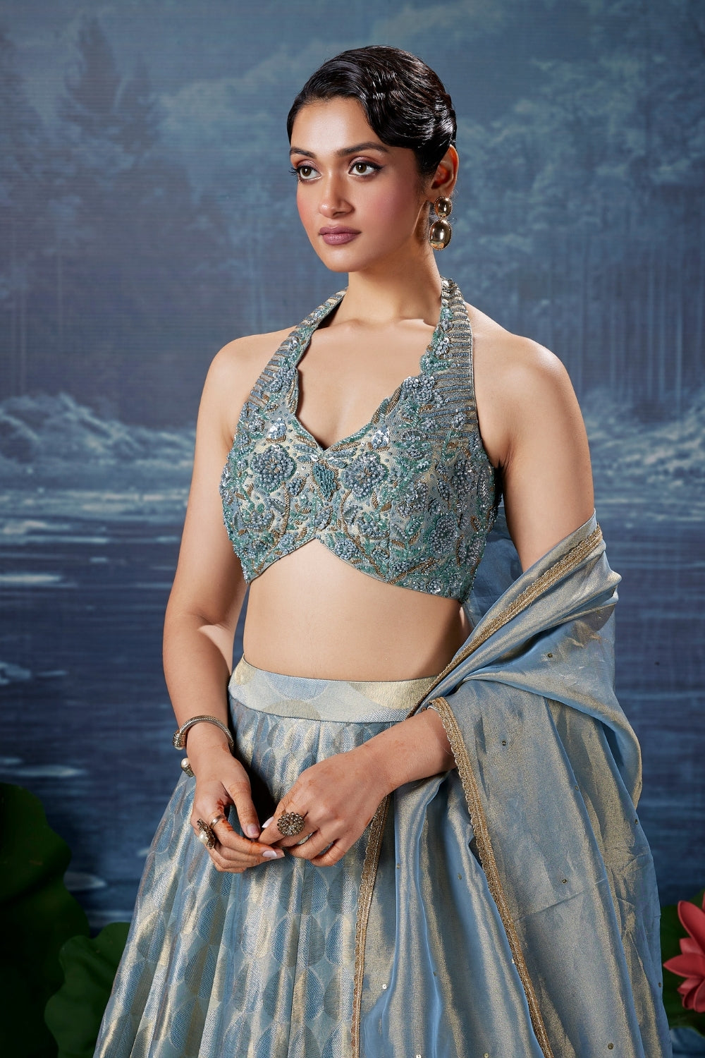 Blue Banarasi Silk Lehenga Set with Zardosi and Beads Work