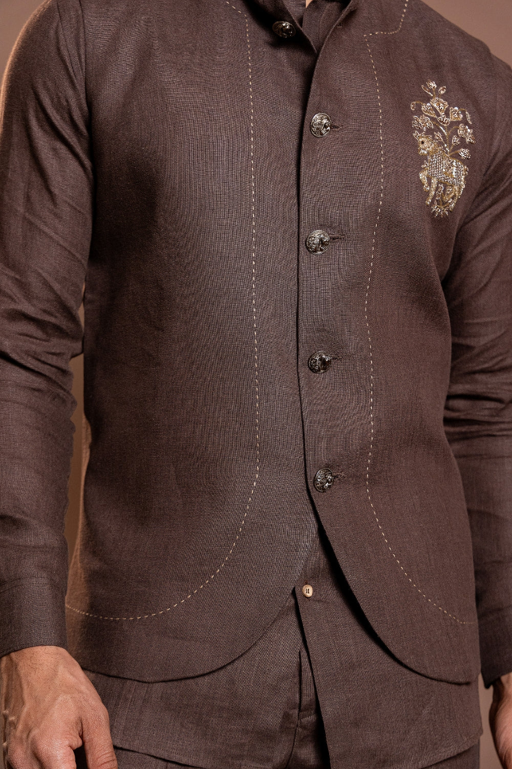 Brown Linen Koti Set With Zardosi Work