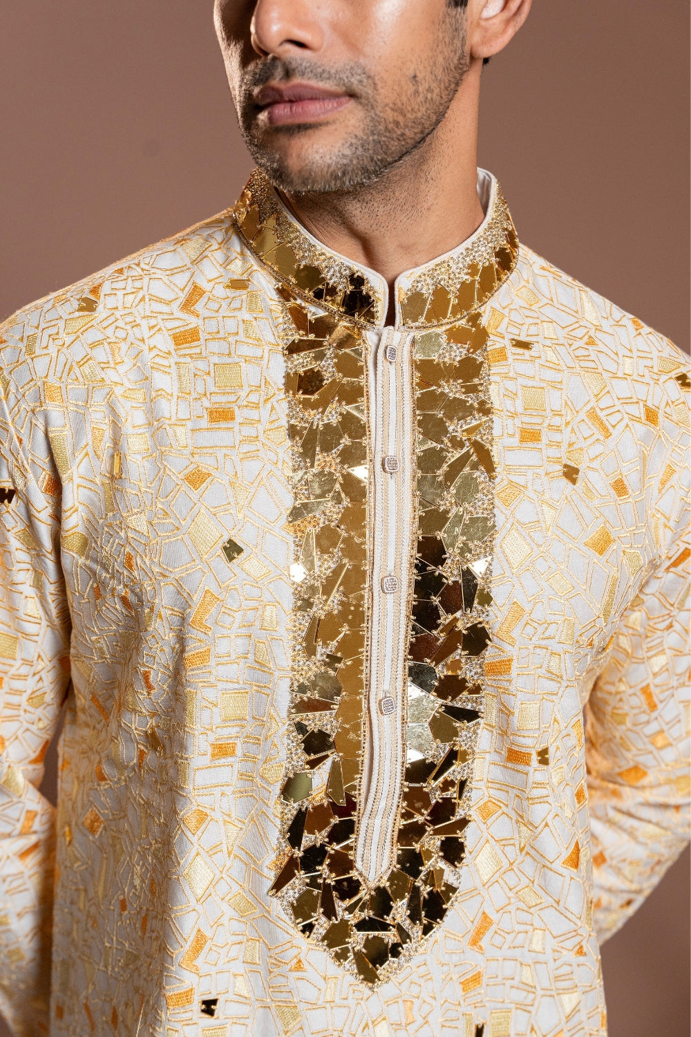 Butter Yellow Silk Kurta Set With Mirror And Moti Work