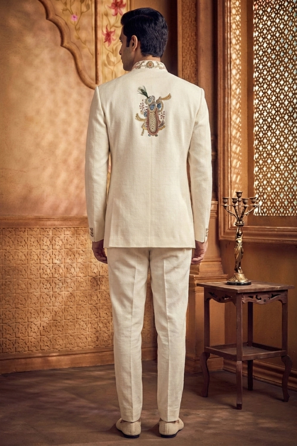 Cream Matka Silk Jodhpuri Set With Cutdana And Moti Work