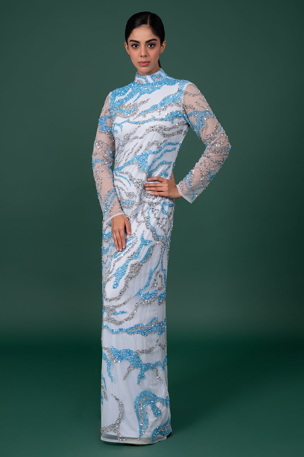 Ice Blue Tulle Gown With Silver And Blue Abstract Sequin Flame Patterns