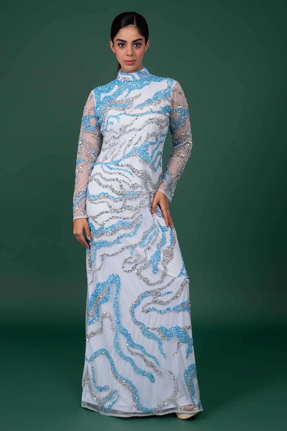 Ice Blue Tulle Gown With Silver And Blue Abstract Sequin Flame Patterns