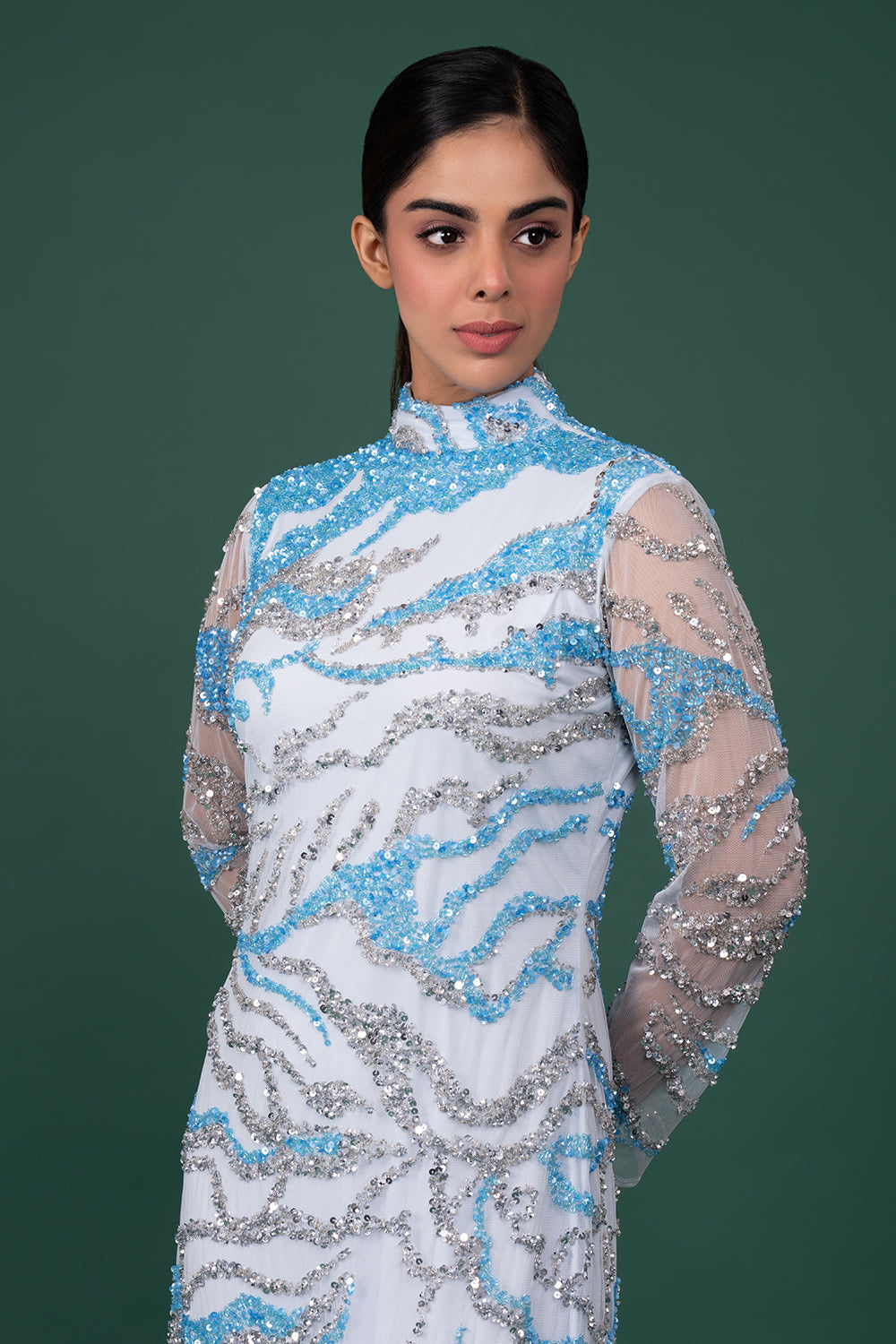 Ice Blue Tulle Gown With Silver And Blue Abstract Sequin Flame Patterns