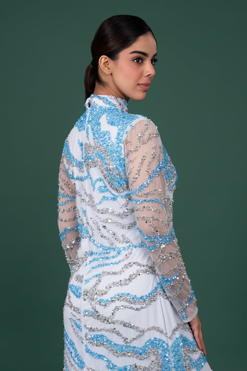 Ice Blue Tulle Gown With Silver And Blue Abstract Sequin Flame Patterns