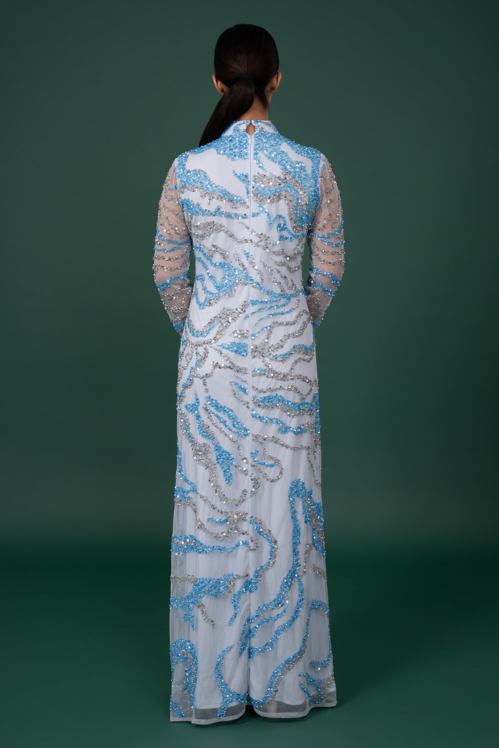 Ice Blue Tulle Gown With Silver And Blue Abstract Sequin Flame Patterns