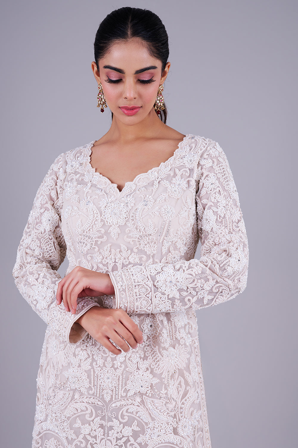 Ivory Embroidered Suit With Dupatta