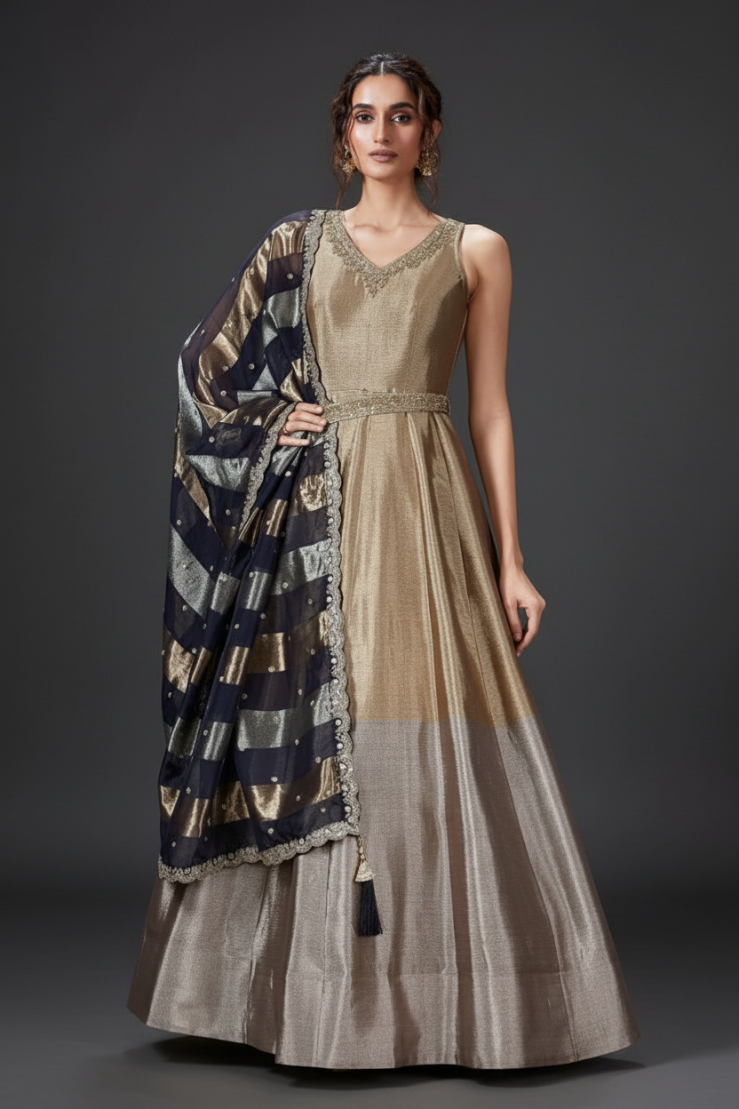 Metallic Gold and Grey Tissue Silk Anarkali Set with Moti and Zari Work