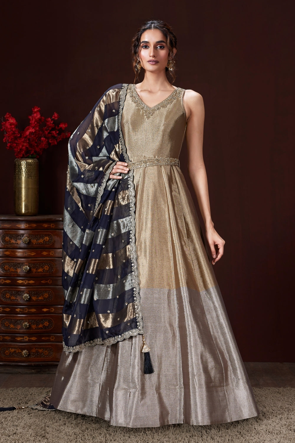 Metallic Gold and Grey Tissue Silk Anarkali Set with Moti and Zari Work