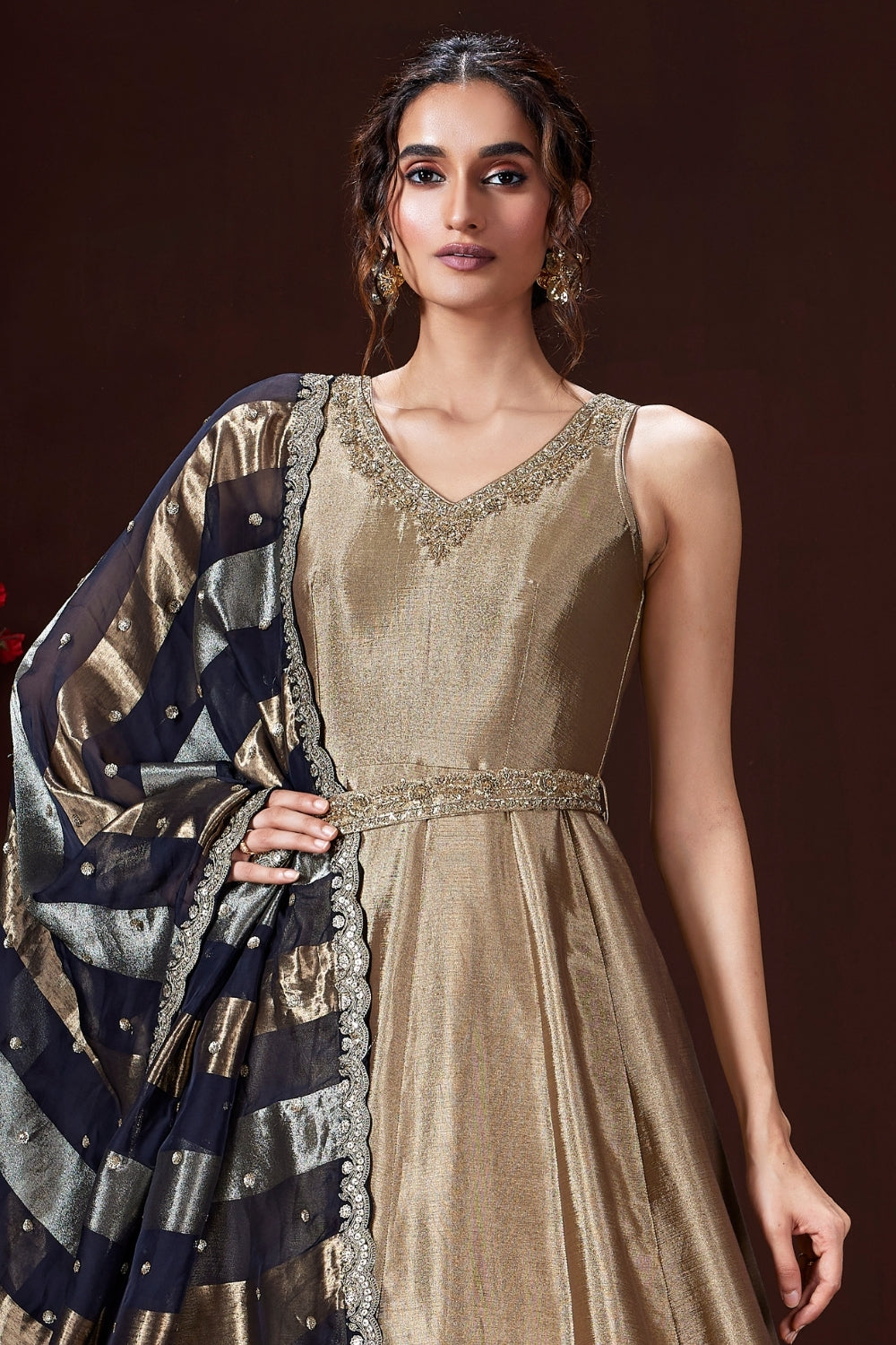 Metallic Gold and Grey Tissue Silk Anarkali Set with Moti and Zari Work