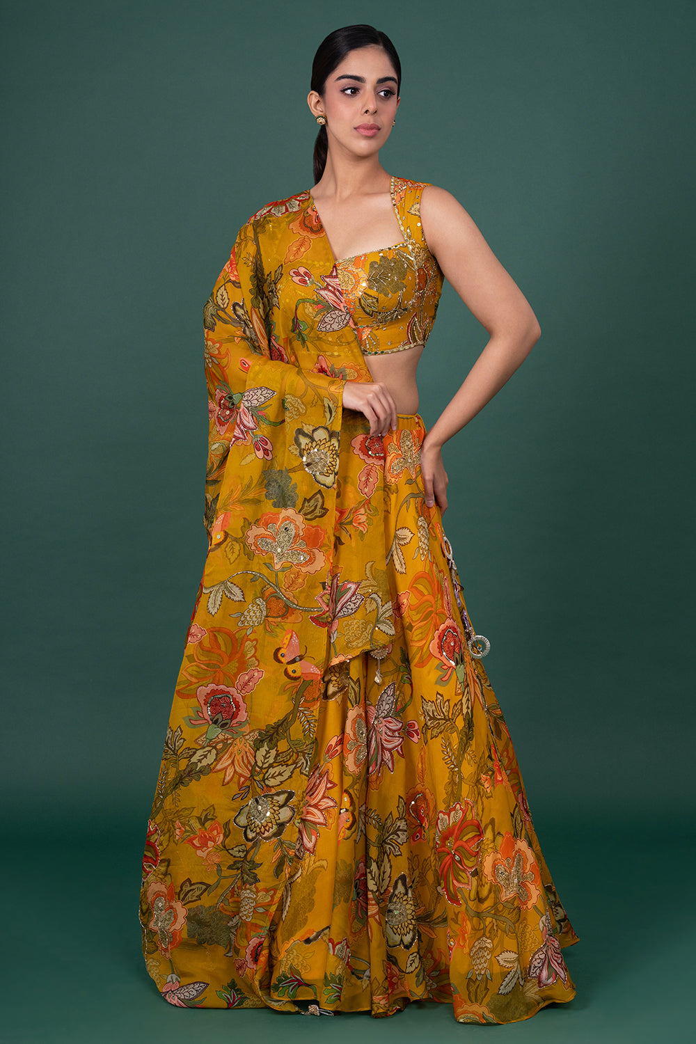 Mustard Floral Digital Print Organza Lehenga With Sequin Blouse
