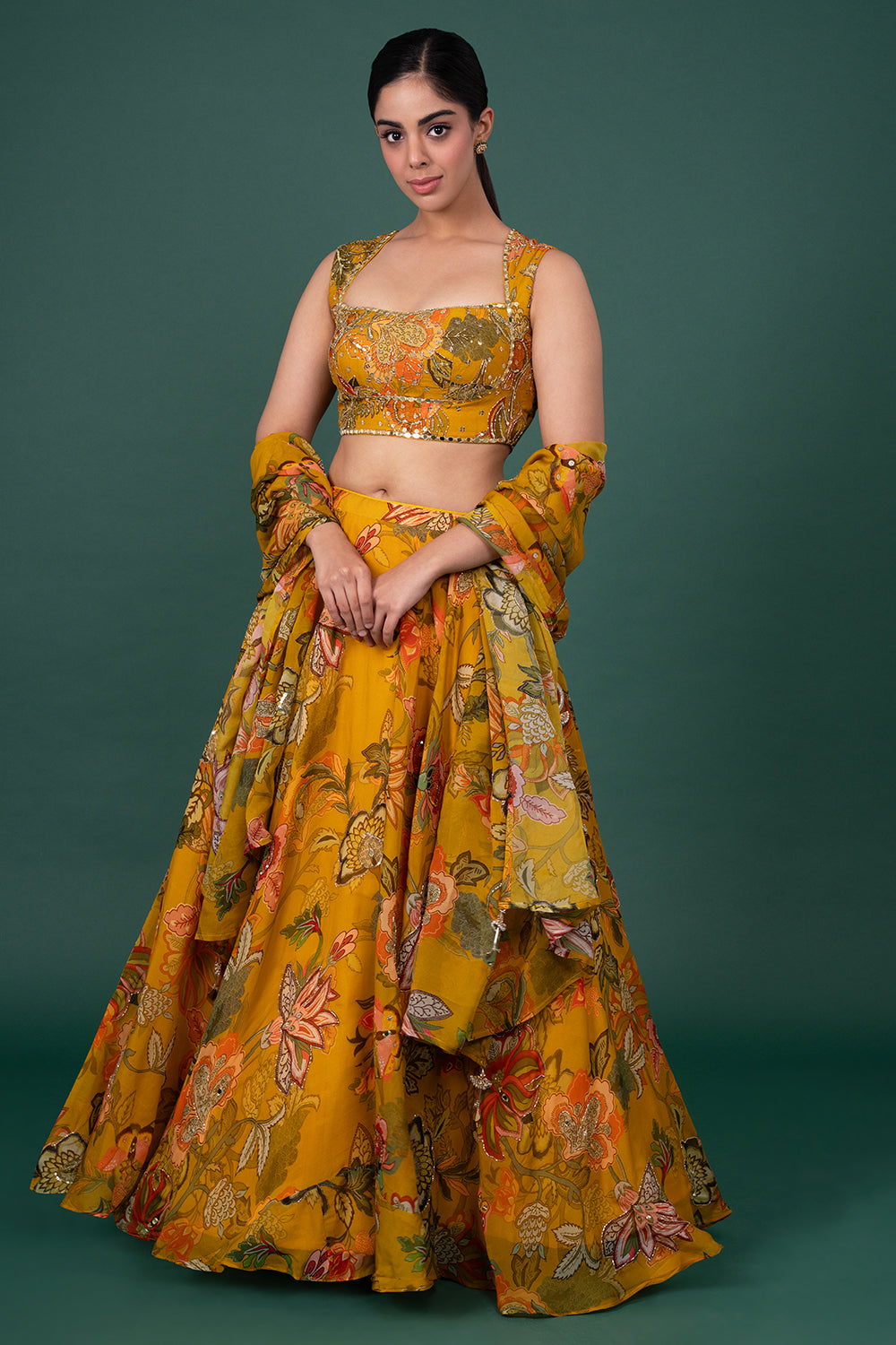 Mustard Floral Digital Print Organza Lehenga With Sequin Blouse