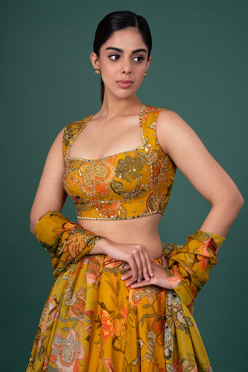 Mustard Floral Digital Print Organza Lehenga With Sequin Blouse