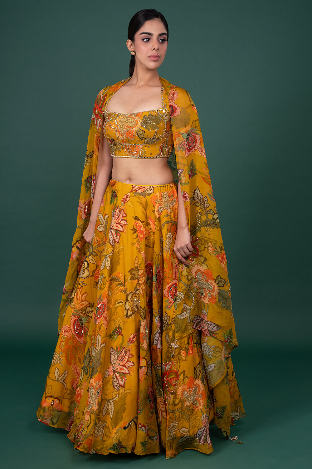 Mustard Floral Digital Print Organza Lehenga With Sequin Blouse