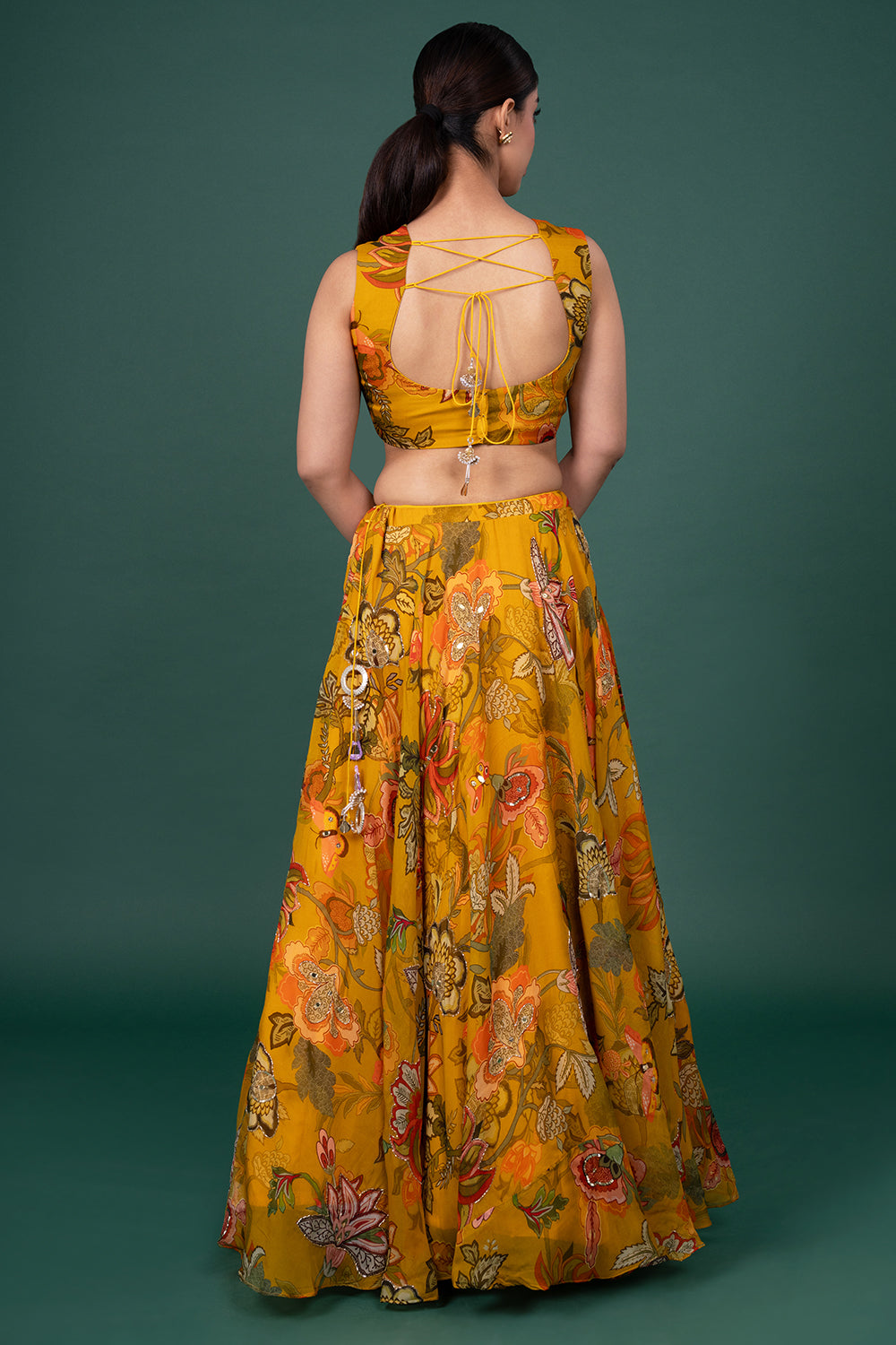 Mustard Floral Digital Print Organza Lehenga With Sequin Blouse