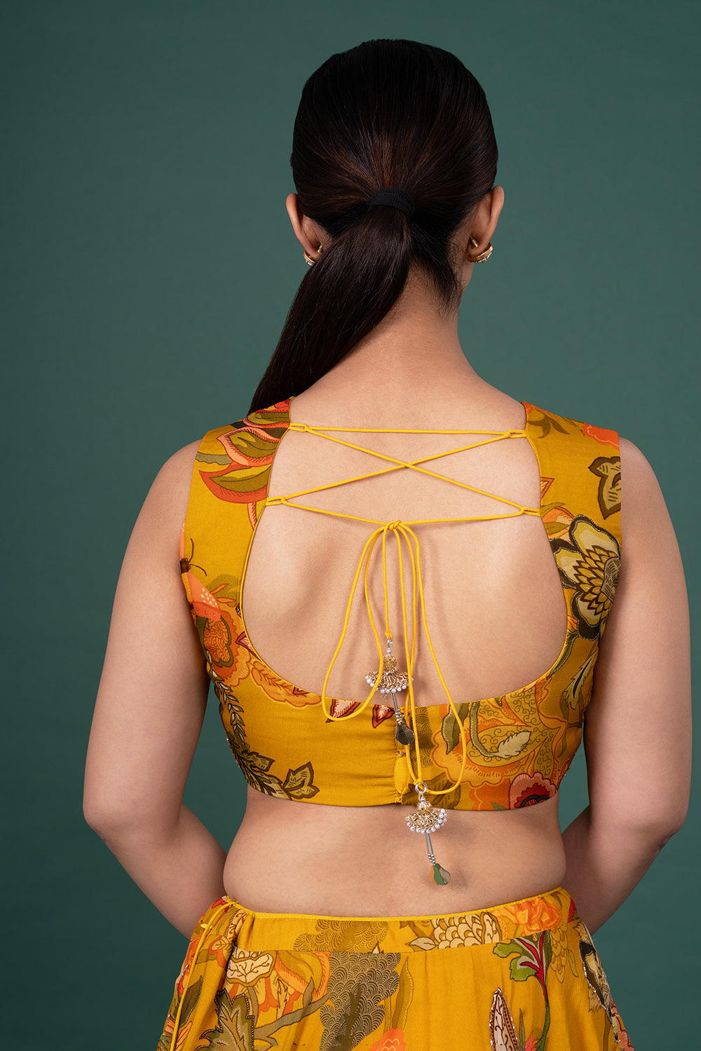 Mustard Floral Digital Print Organza Lehenga With Sequin Blouse