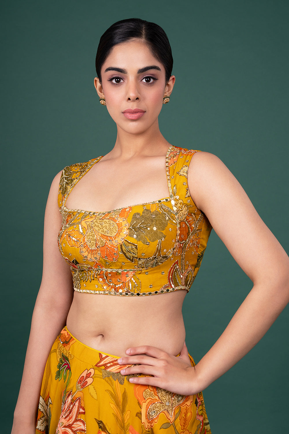 Mustard Floral Digital Print Organza Lehenga With Sequin Blouse