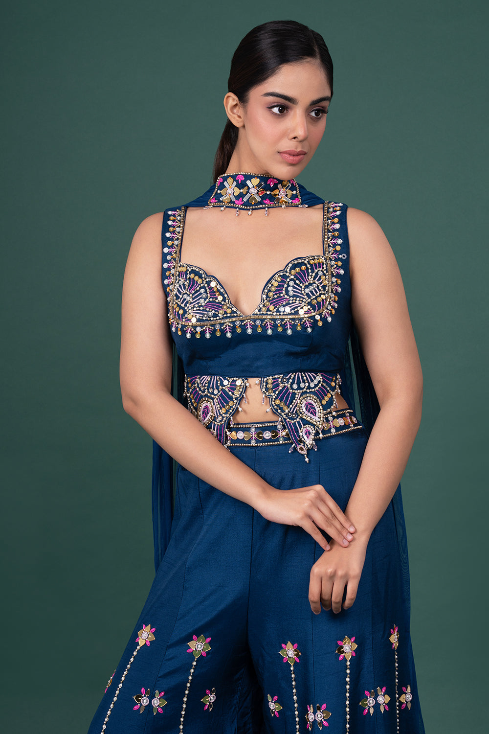 Navy Blue Scalloped Embroidered Bralette With Arched-Pattern Palazzo