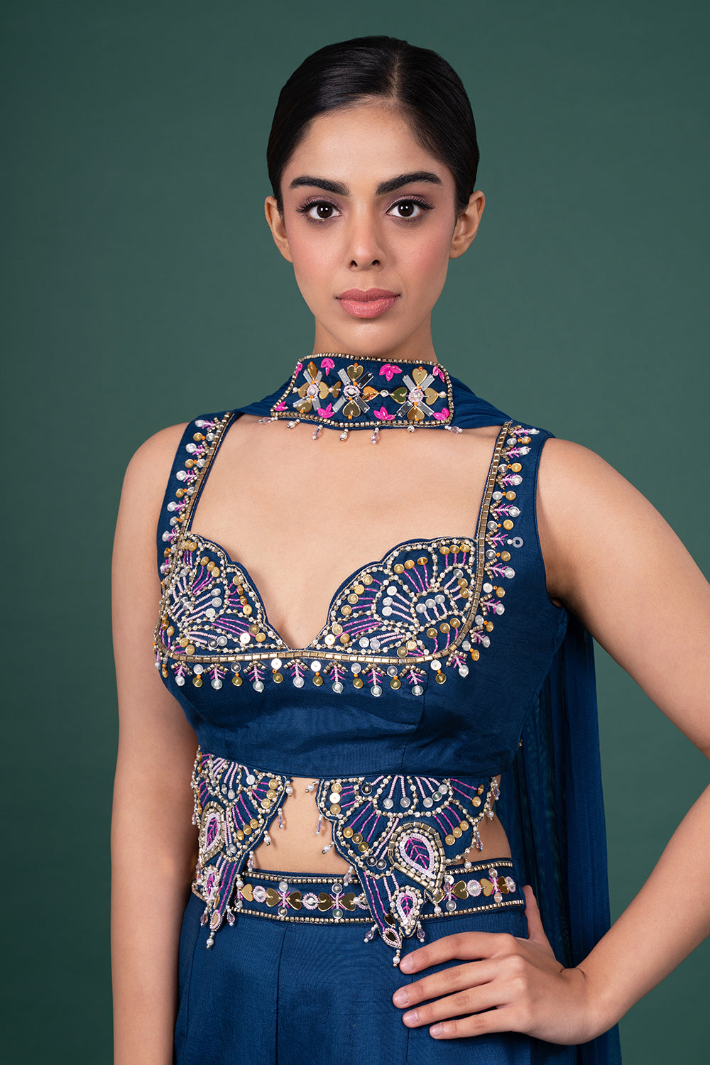 Navy Blue Scalloped Embroidered Bralette With Arched-Pattern Palazzo