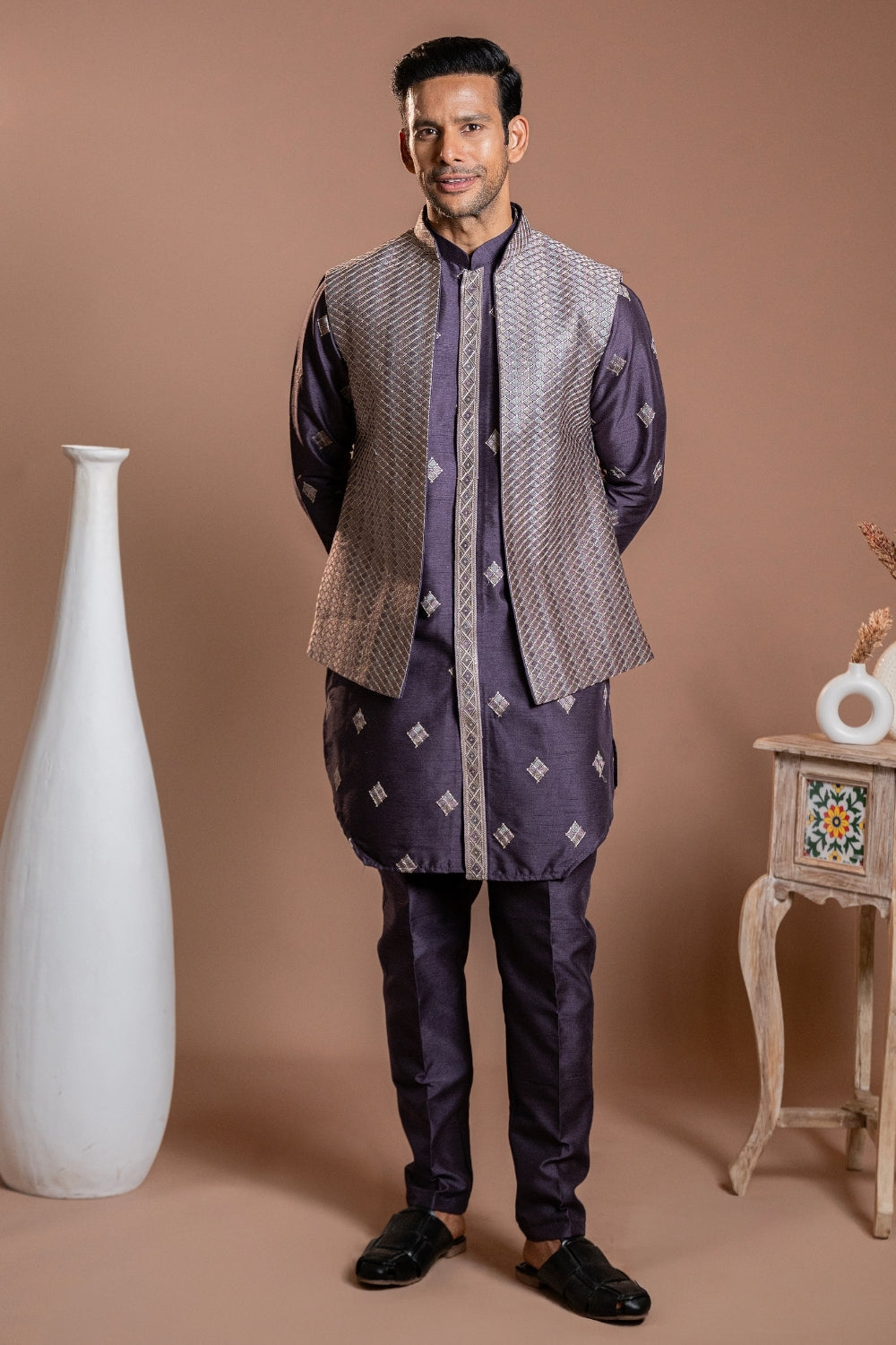 Purple Silk Koti Set With Sequins And Thread Embroidery