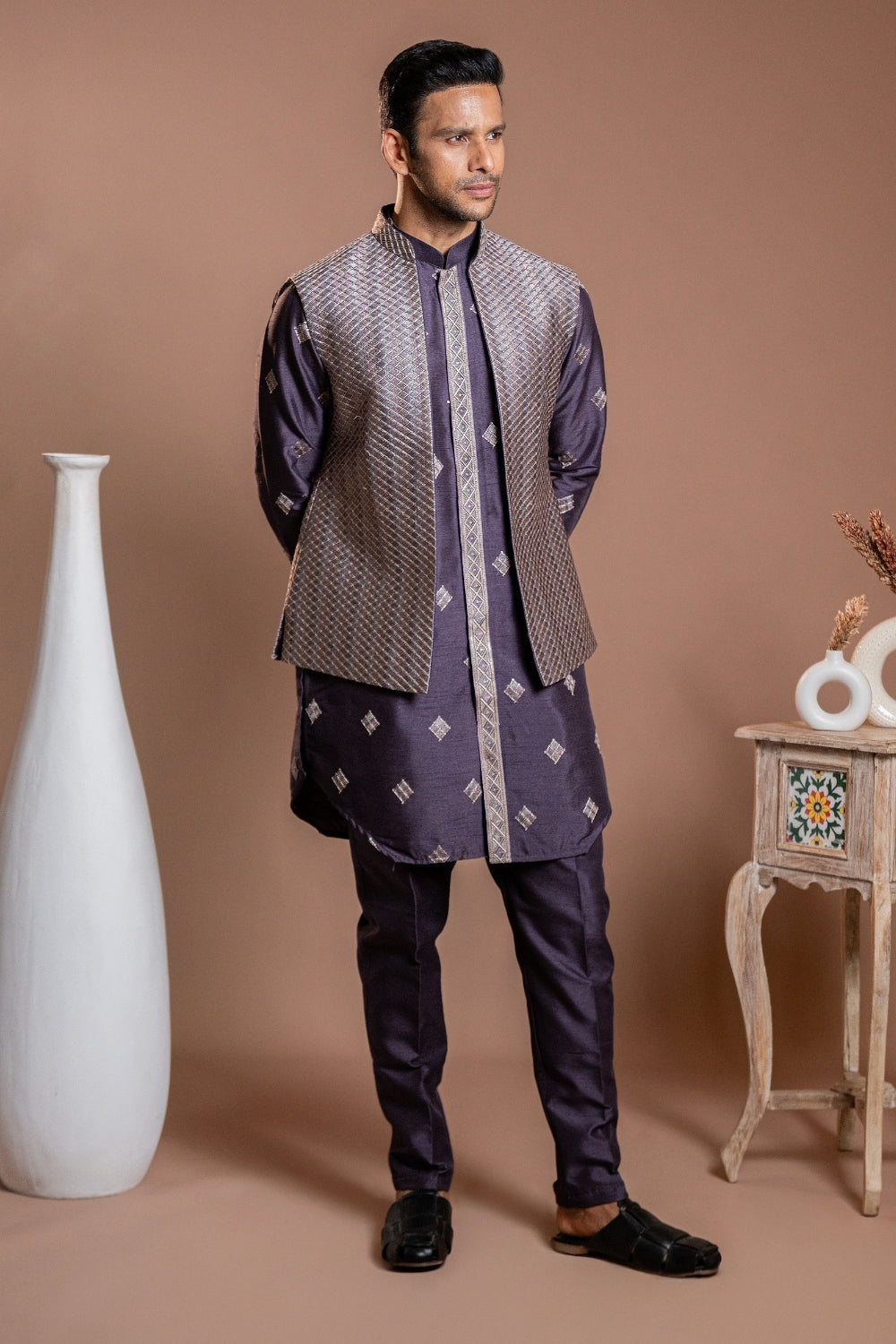 Purple Silk Koti Set With Sequins And Thread Embroidery