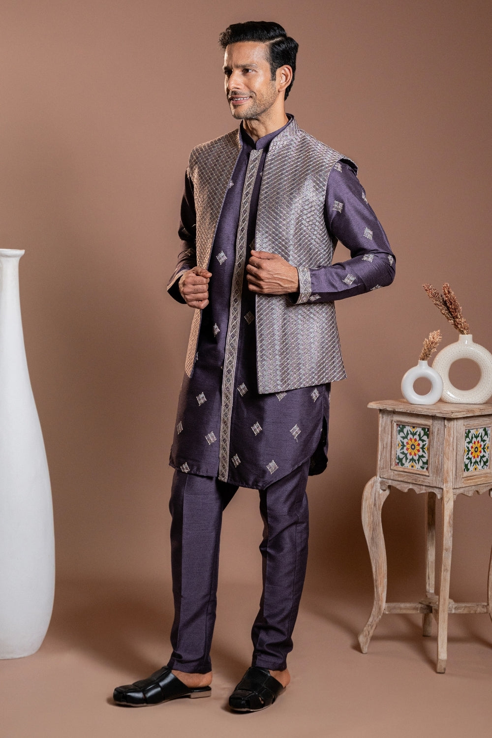 Purple Silk Koti Set With Sequins And Thread Embroidery