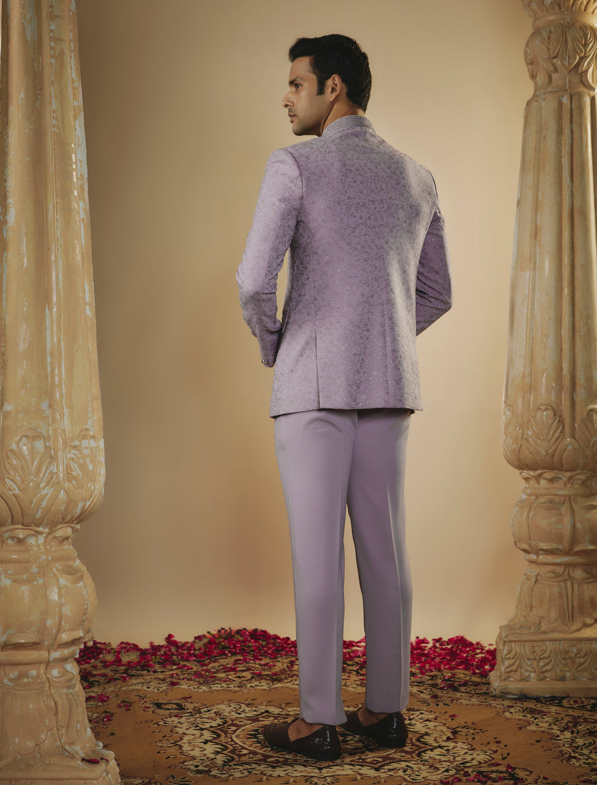 Pale Mauve Imported Jacquard Resham Work Jodhpuri Set