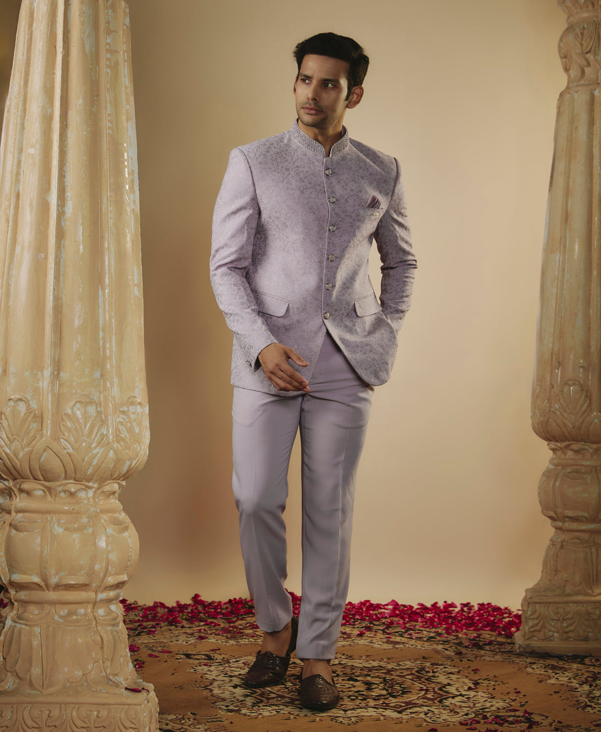 Pale Mauve Imported Jacquard Resham Work Jodhpuri Set