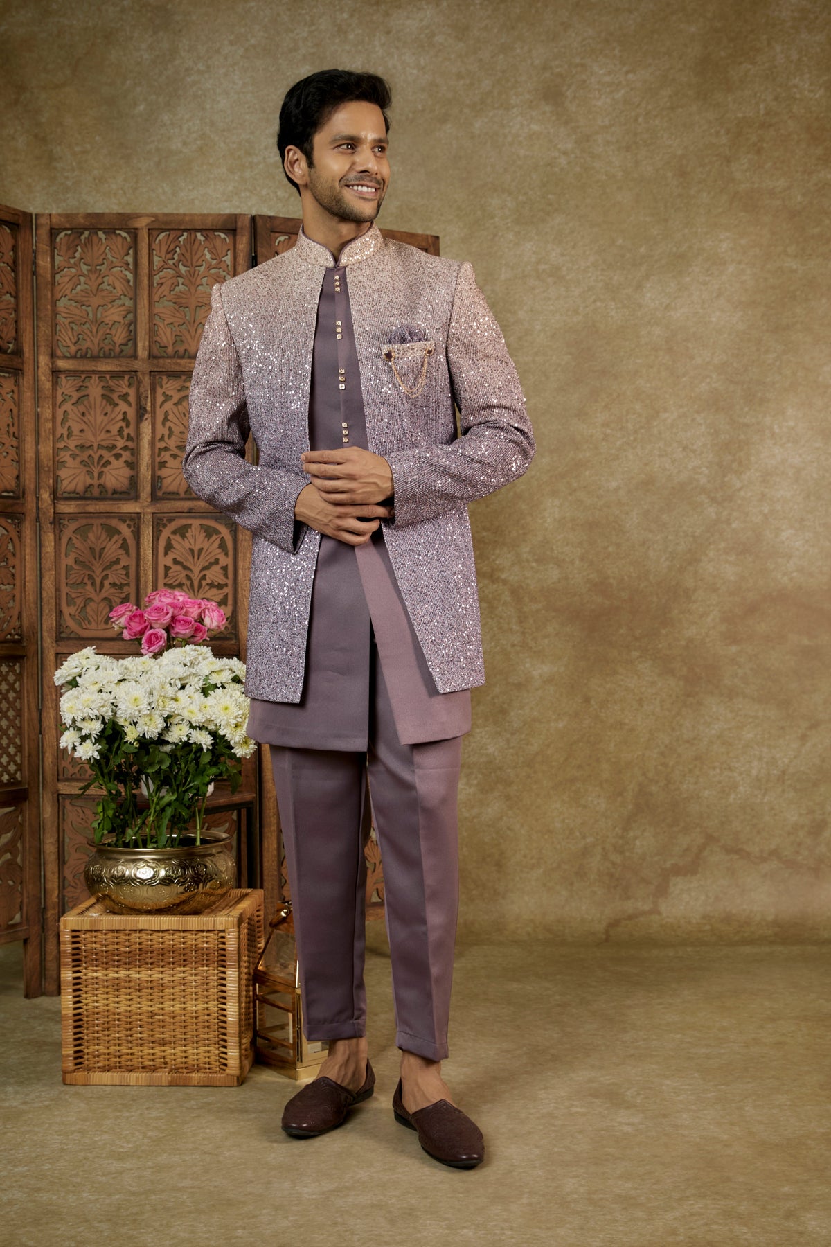 Onion Pink Sequinned Silk Open Indowestern Set